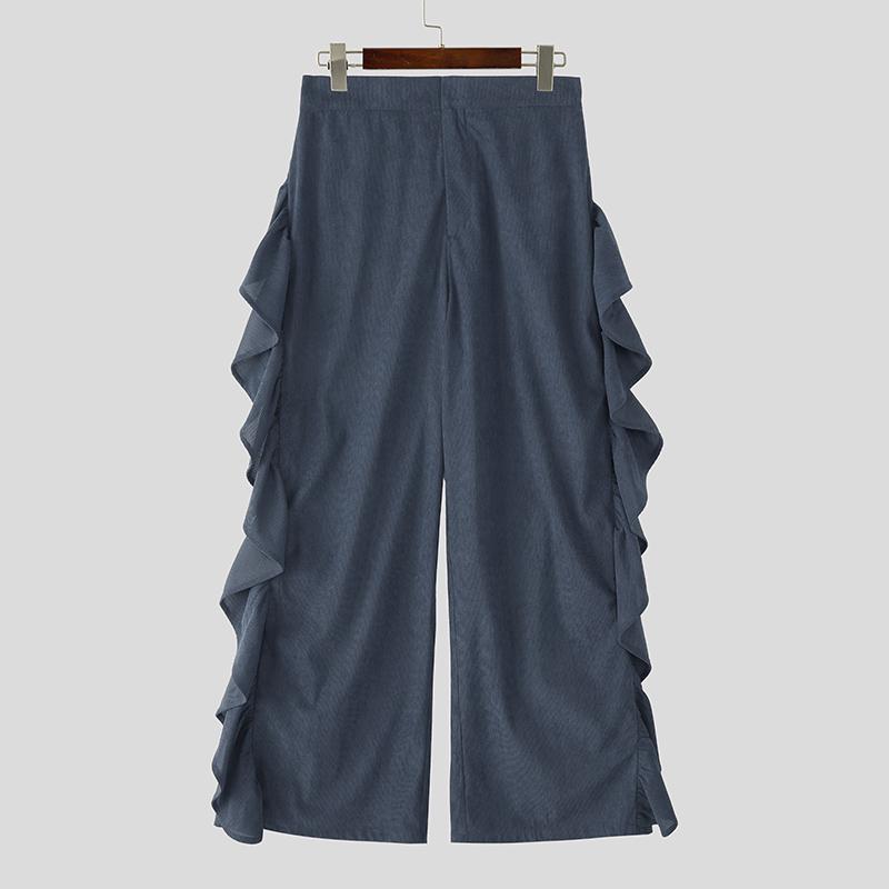 INCERUN Осенние мужские повседневные свободные брюки с эластичной талией на молнии, с оборками и широкими штанинами