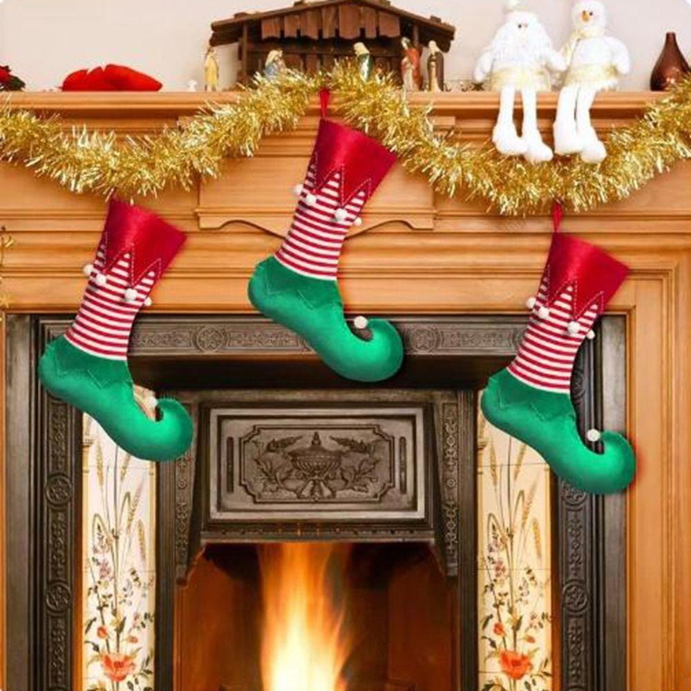 Hanging Elf Christmas Stocking Gift Bag Striped Christmas Stocking Ornaments Kids
