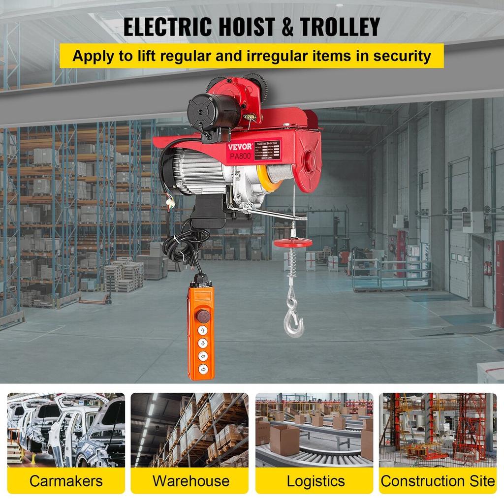 800Kg/1700Lbs Electric Trolley Hoist 1300W Electric Hoist Winch Double 12M/40Ft , Electric Hoist Electric Forklift Steel Pallet Holder Lever Garage