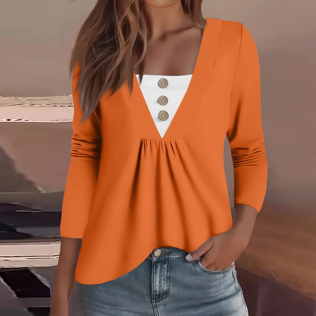 Women's Fashion Casual Long Sleeve Shirt Solid Color Button V Neck Up Tops