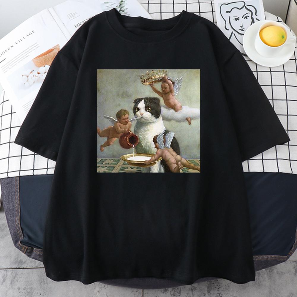 Scottish Fold Angel Crown Print Женская одежда унисекс Индивидуальные повседневные футболки с круглым вырезом All-math Loose Мужские хлопковые футболки с коротким рукавом