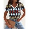 2025 Ethnic Women's T-shirt with Retro Pattern, Fashionable Short-sleeved V-neck, Ordinary Top, Daily Printed T-shirt, Summer Casual Top