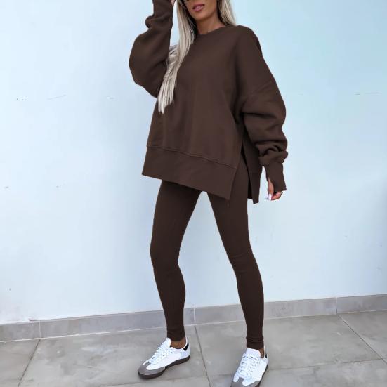 2 шт./комплект женский топ брюки костюм круглый вырез длинный рукав асимметричный подол толстовка эластичный пояс однотонные брюки зимний повседневный спортивный костюм