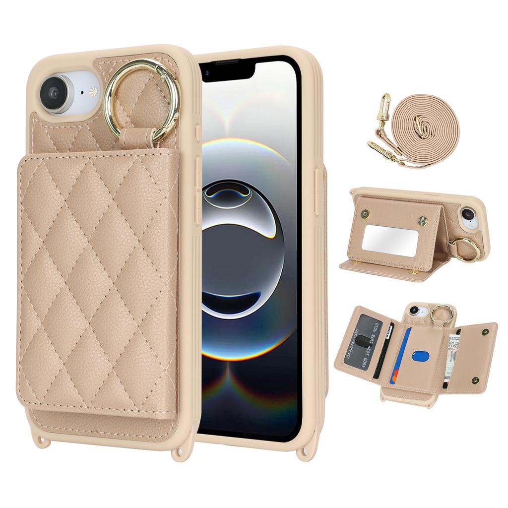 For iPhone 16e Case with Lanyard/Mirror/Card Holder Grids Pattern RFID Blocking Phone Cover