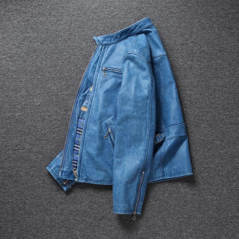 Китайский размер винтажная синяя натуральная воловья кожаная мужская куртка тонкая короткая кожаная куртка для мальчика мужская одежда весна осень