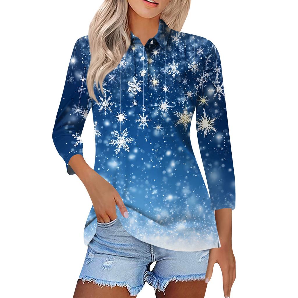 Women's Fashion Casual Lapel Short 3/4 Sleeve Christmas Print Shirt Women's Button Up Tops