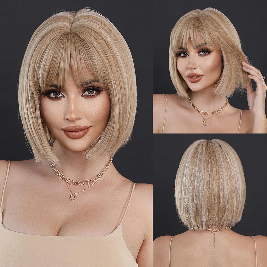 Professional WIGS Synthetic Short Straight Ash Brown Bob Wig for Women High Density Layered Highlight Blonde Hair Wigs with Neat Bangs