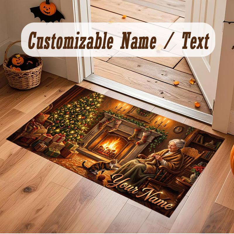 Christmas Theme Soft Crystal Velvet Rug Custom Name & Text Print Non Slip Floor Rug for Bedroom Living Room