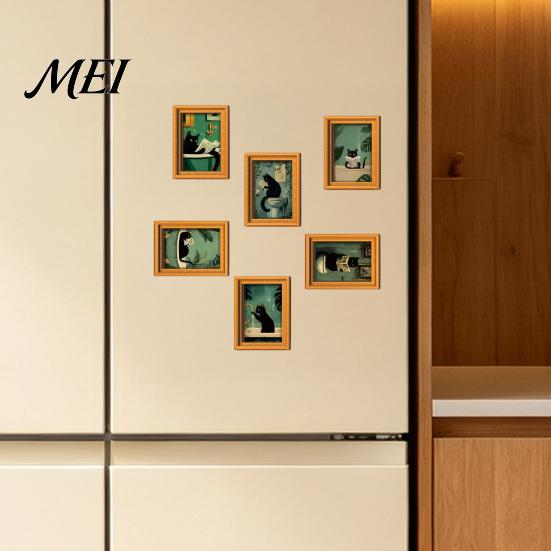 Flexible Magnetic Picture Frames for Fridge Funny Wooden Magnets Frame, Retro Cute Cat in Bathroom Soft Photo Display Set Refrigerator Locker