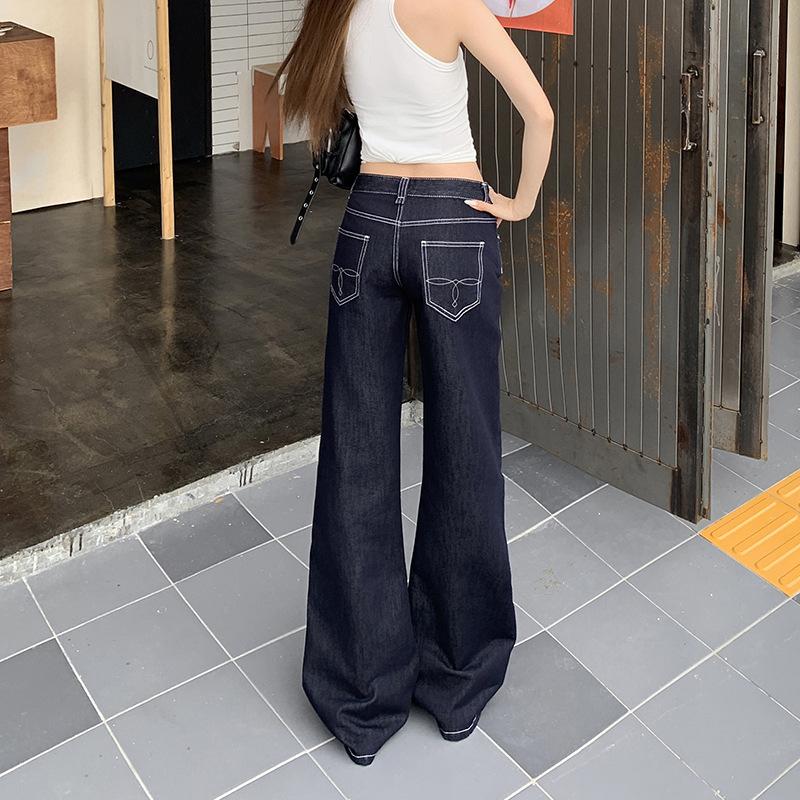 Denim Blue Low Waist Slightly Pulled Jeans Women's Autumn New Loose and Skinny Not Sticky Legs Wide Leg Flared Pants