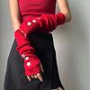 Red Knitted Arm Cover Hip-Hop Long Fingerless Sleeves Stretchy Elbow Decoration Thumb Hole Gloves Teens Cosplay