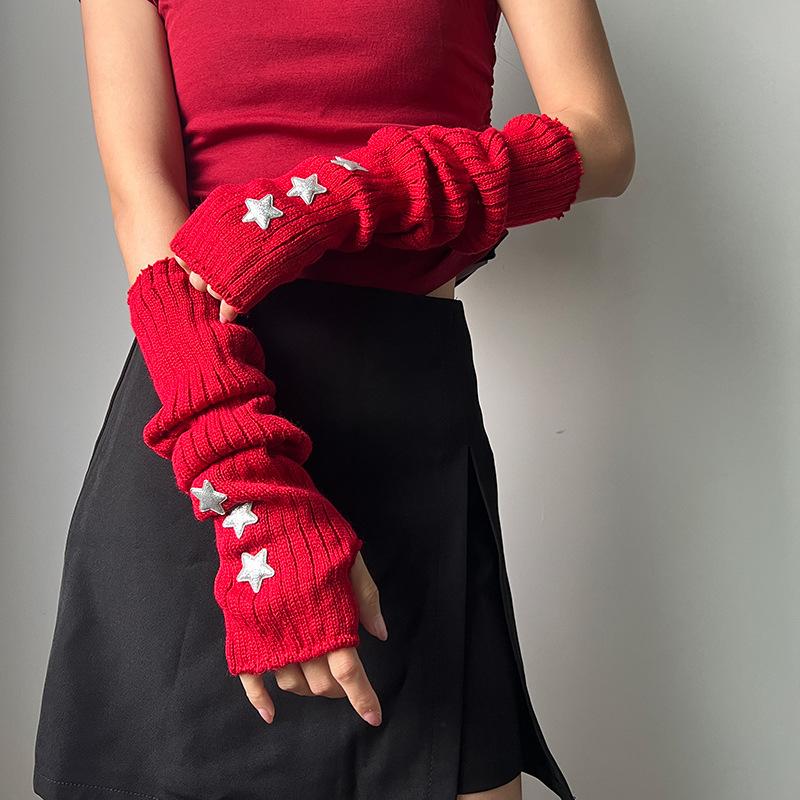 Red Knitted Arm Cover Hip-Hop Long Fingerless Sleeves Stretchy Elbow Decoration Thumb Hole Gloves Teens Cosplay