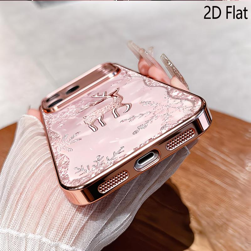 Розовое золото Олень Снежинка 2D Плоский Для iPhone 17 18 16 15 14 13 12 11 Pro Max XS XR 8 7 Plus Чехол для телефона Ударопрочный Защитная задняя крышка