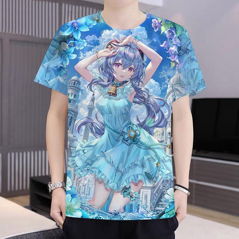 Genshin Impact Ganyu Animation Peripheral Anime Game 3D Print Clothes Summer Round Neck T-shirt Men's and Women's Casual Short Sleeve