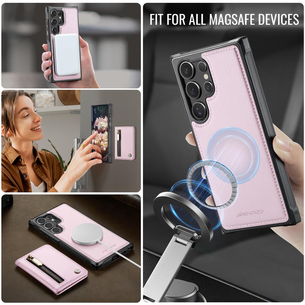 For Samsung Galaxy S26 Ultra Case JEEHOOD J12 Magnetic Detachable Zipper Wallet Kickstand Leather Back Cover Compatible with MagSafe