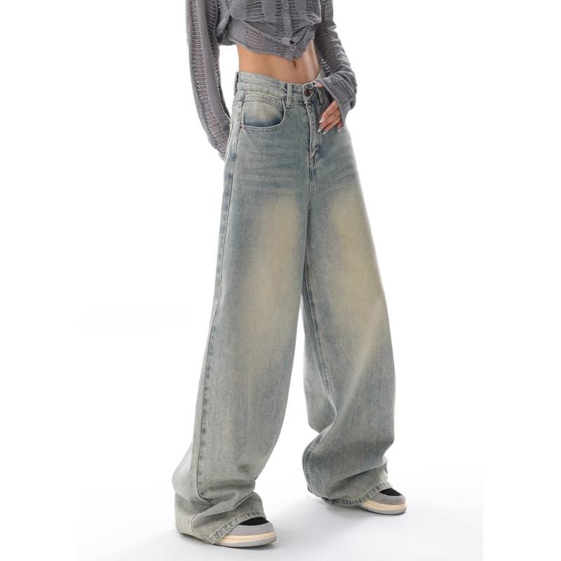 Y2K синие джинсы для женщин с высокой талией, американские уличные широкие брюки в стиле хип-хоп, винтажные прямые осенние брюки