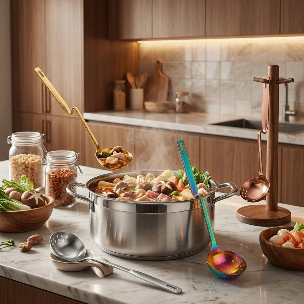 Anti Scalding Stainless Steel Soup Spoon Long Handle Oil Filter Skimmer Spoon Cooking Essential