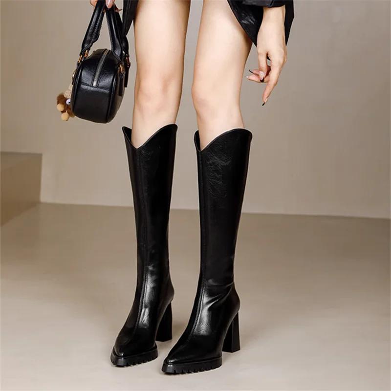 Fashion Elegant Heeled Women's Long Boots High Heels Leather Brown Ladies Knee Shaft Shoes Pointed Toe Waterproof Y2k Chic New Rock Work