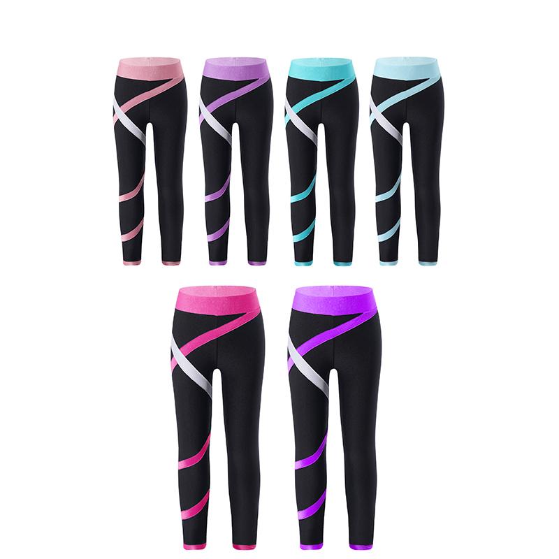 Kids Girls Sportswear Colorblock Leggings Stretchy Pants for Skating Gymnastic Yoga Workout Fitness