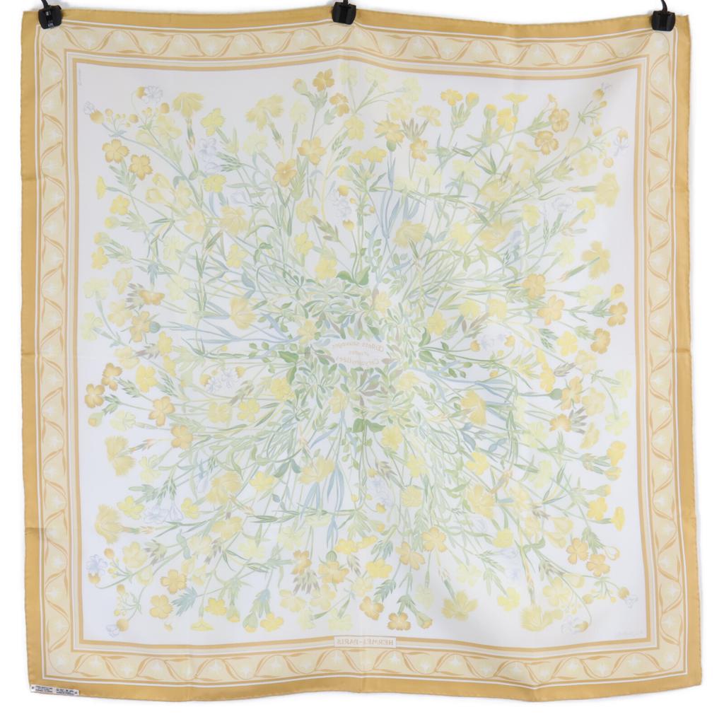 Hermes Wild Carnations and Dianthus Silk Carre90 Scarf YellowUsed