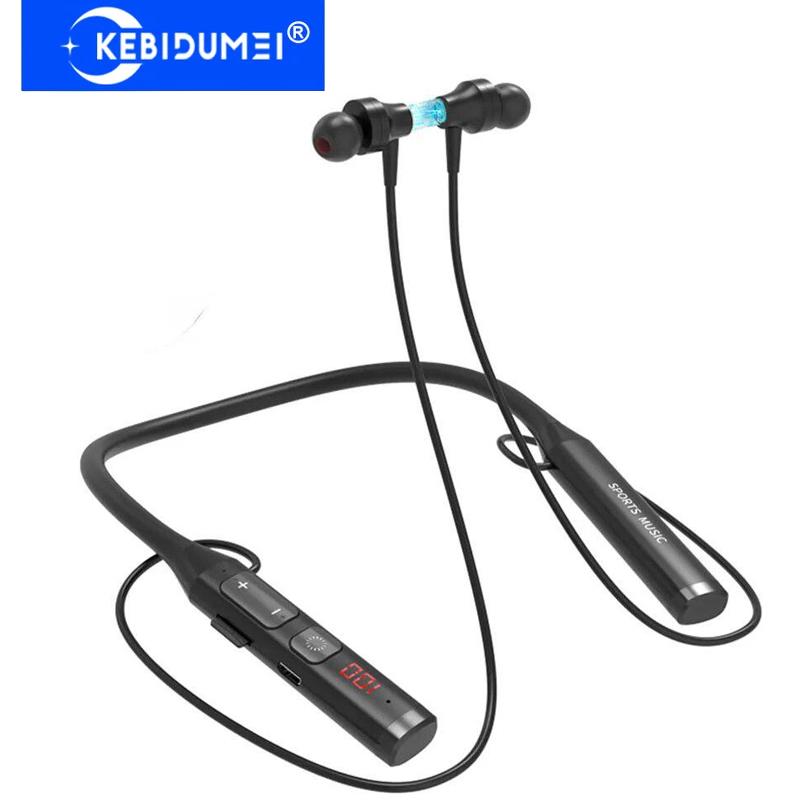 Беспроводные наушники Bluetooth 5.0 со светодиодным дисплеем питания гарнитуры с шейным ремешком Водонепроницаемые стереонаушники HiFi Спортивные наушники Поддержка TF-карты Режим FM-радио