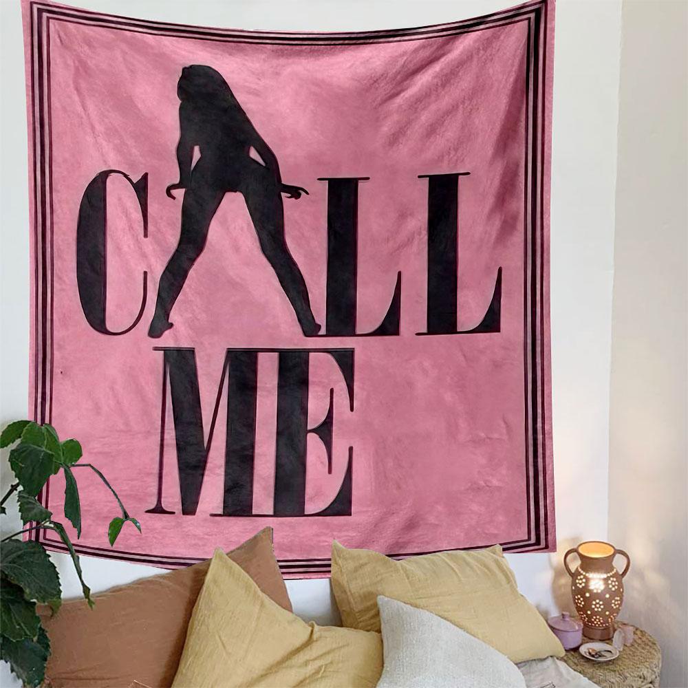 Silhouette of a standing figure integrated with bold "CALL ME" text design. Patterned tapestry for bedroom and living room home decor