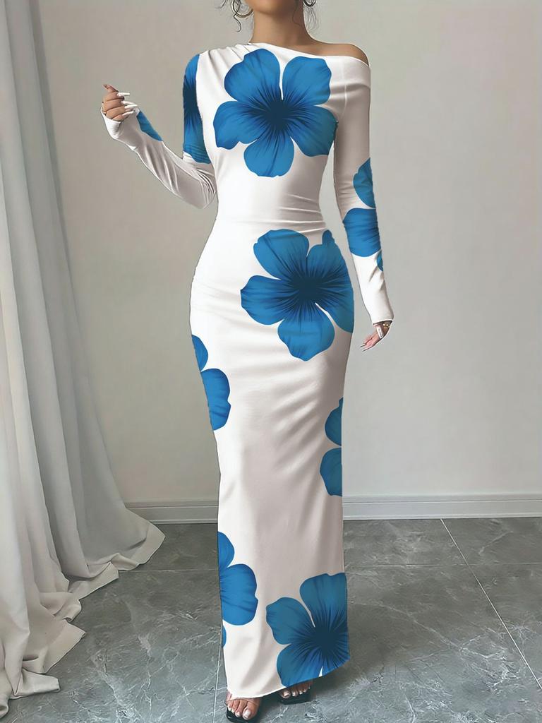 Осень Новое Платье Макси с Принтом Элегантное Приталенное Платье с Длинным Рукавом Женское Готовое