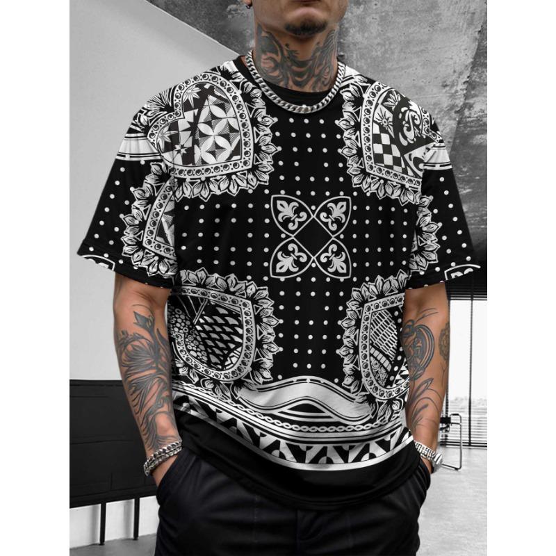 Bohemian Bandana Patterned Short - Sleeve Tops Summer Round Neck 3D Print Fashionable Casual Men's T-shirts