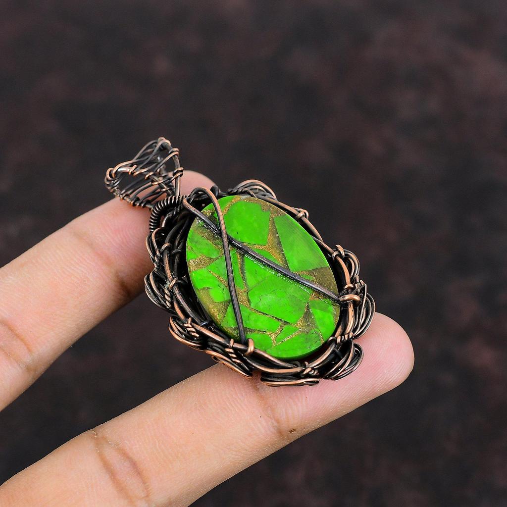 Медный Зеленый Бирюзовый Подвеска Подвеска, обернутая медной проволокой Подвеска ручной работы Украшения из проволоки Подвеска с драгоценным камнем Медные украшения Подарок для женщин