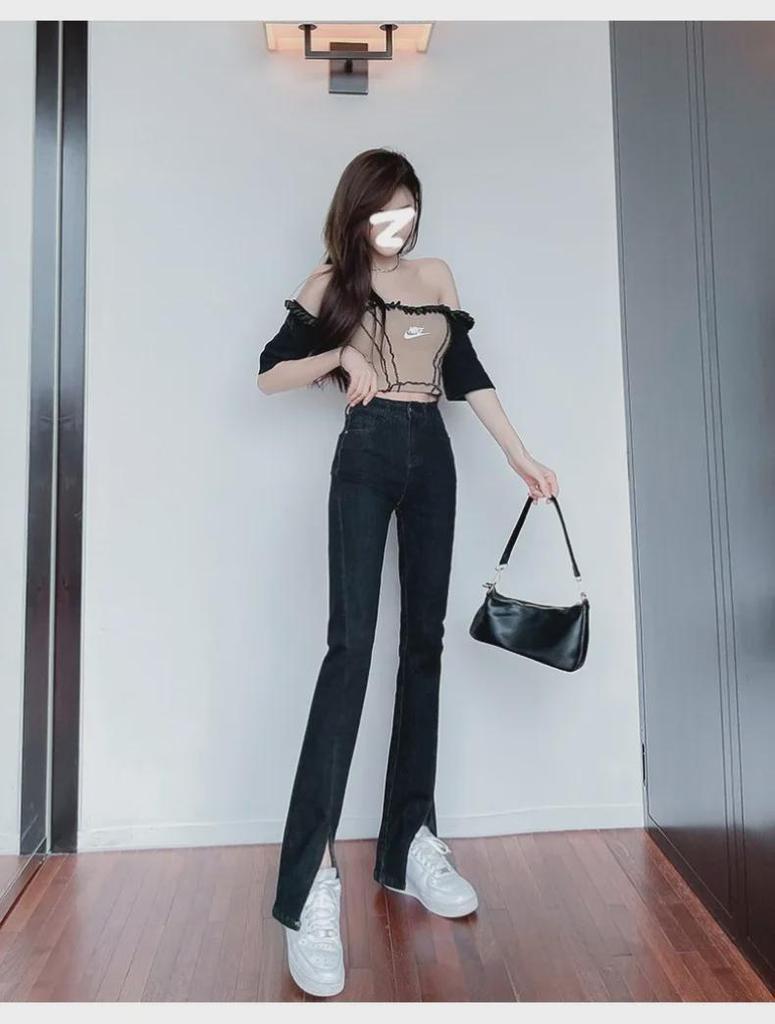 Летние ретро-узкие расклешенные джинсы с разрезами по низу для женщин