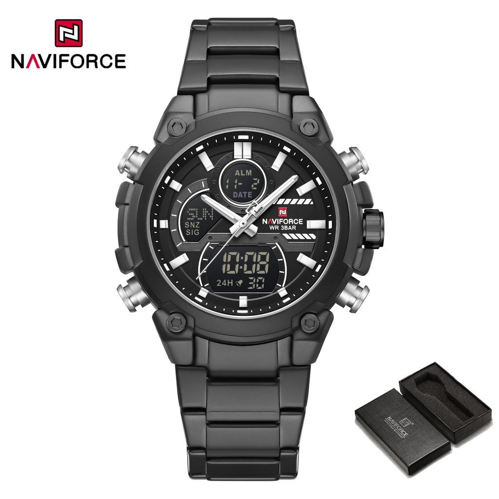 Naviforce Мужские часы с двойным временем Кварцевый механизм Цифровой ЖК-дисплей Хронограф Светящиеся стрелки Ремешок из нержавеющей стали Водонепроницаемые мужские часы NF9278
