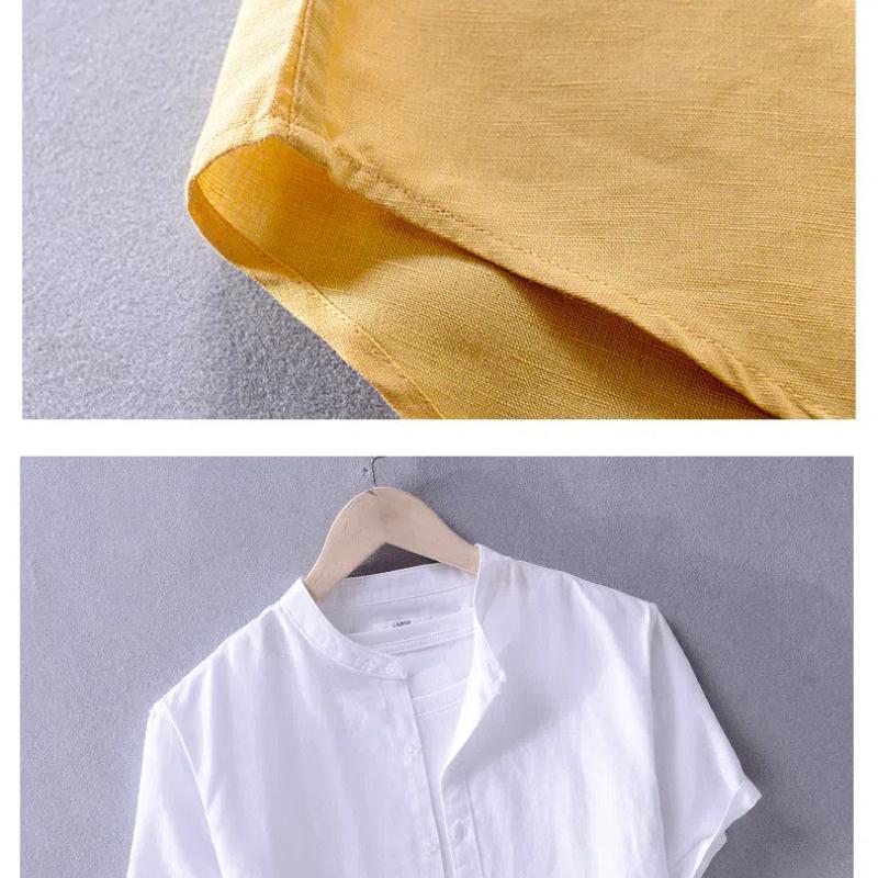 Базовая летняя рубашка для мужчин с воротником-стойкой, однотонная рубашка из хлопка и льна с коротким рукавом, размер 4XL, повседневные топы, пляжные дышащие мужские рубашки