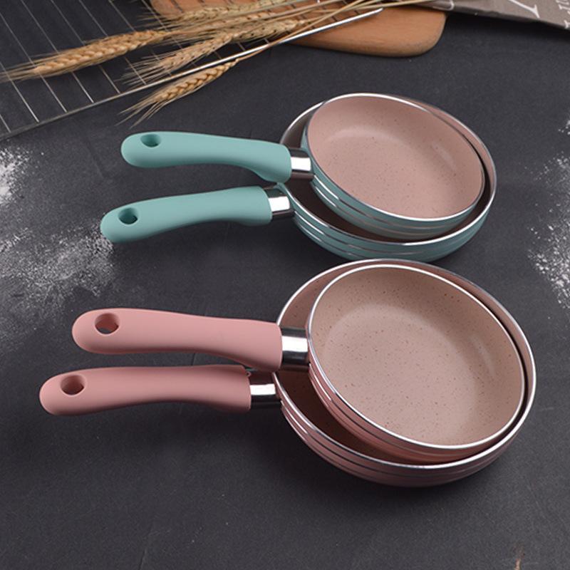 Мини-каменная сковорода для жарки яиц Maifan, сковорода Wok, бытовая сковорода для завтрака, розовая, зеленая, синяя, с плоским дном, силиконовая ручка