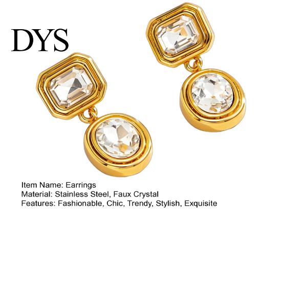 Retro Themed Outfit Accessories 1 Pair Faux Crystal Geometric Dangle Earrings for Women, Vintage Style Gold Plated Jewelry Stainless Steel Drop