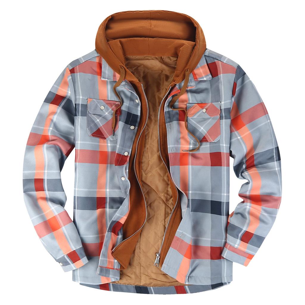 Men's Quilted Lined Button Down Plaid Shirt Add Velvet To Keep Warm Jacket With Hood