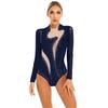 Womens Color Block Patchwork Leotard Sparkling Rhinestone Sheer Mesh Long Sleeve Bodysuit for Gymnastics Acrobatics Dance