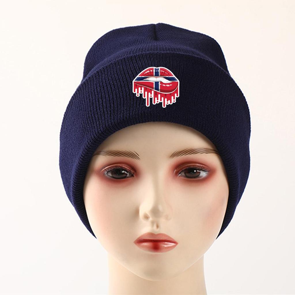 Mouth Flag of Norway Print Knitted Hat Beanie, Patriotic Woman Cap Elastic Cancer Chemo Leisure Headwear Knit Cap Beanie