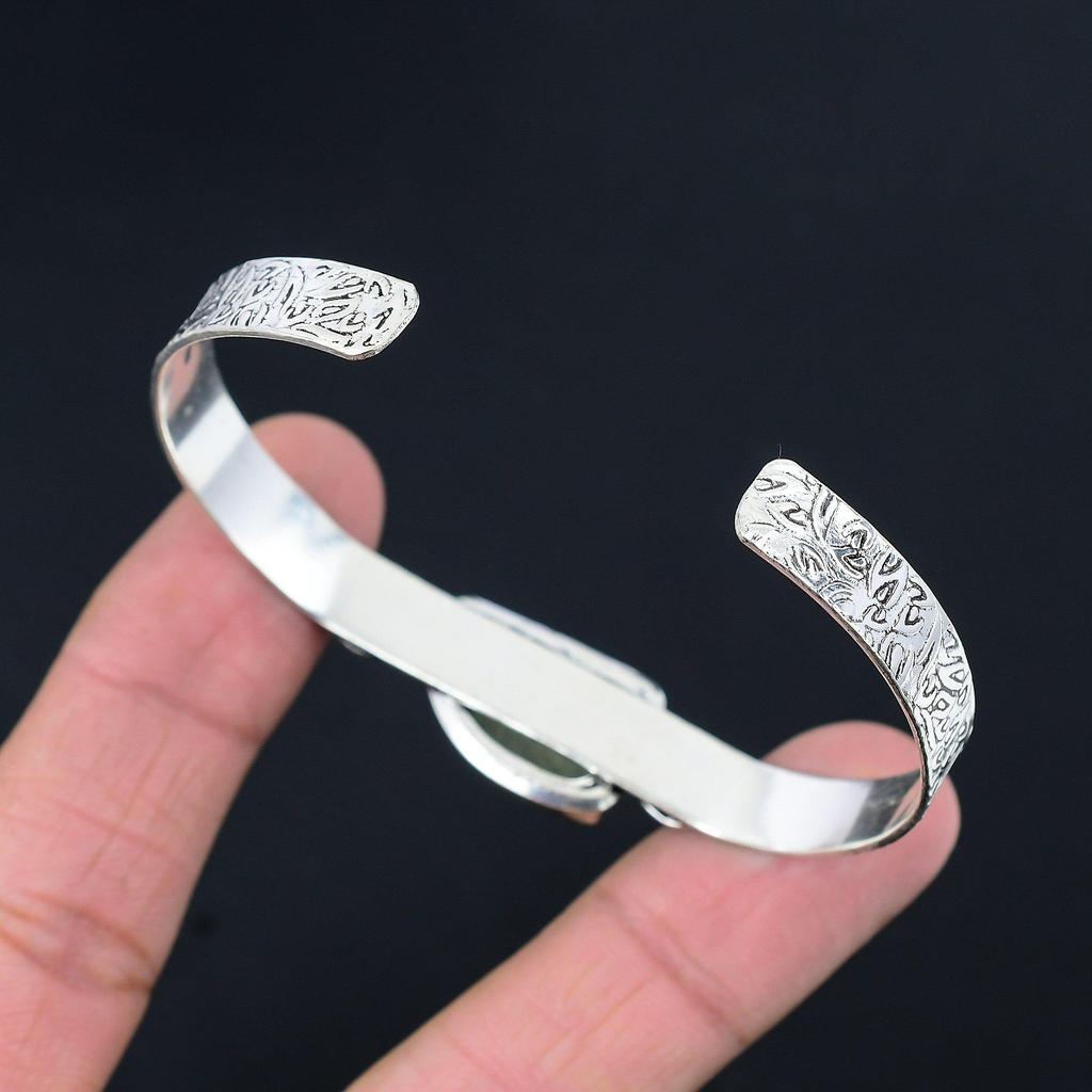 Gift For Women Bangle Crescent Moon Adjustable 925 Silver Natural Moss Prehnite