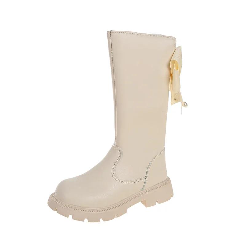 Kids High Boots Spring Autumn Elegant Children's Boots for Girls Fashion Versatile Princess Causal Bowknot Leather Boots Chic