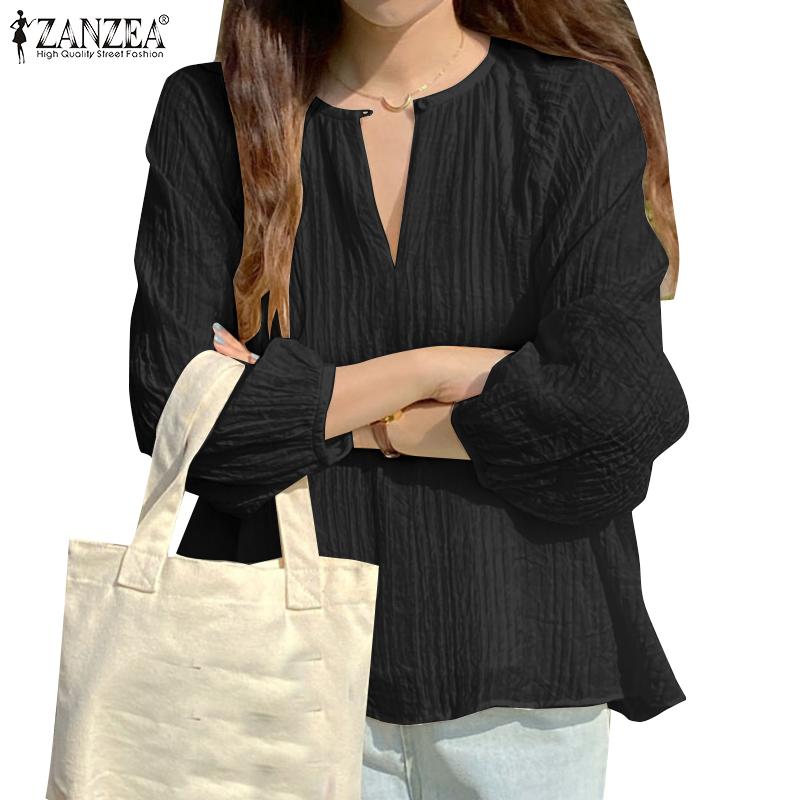 ZANZEA Женская повседневная свободная блузка с v-образным вырезом и длинным рукавом
