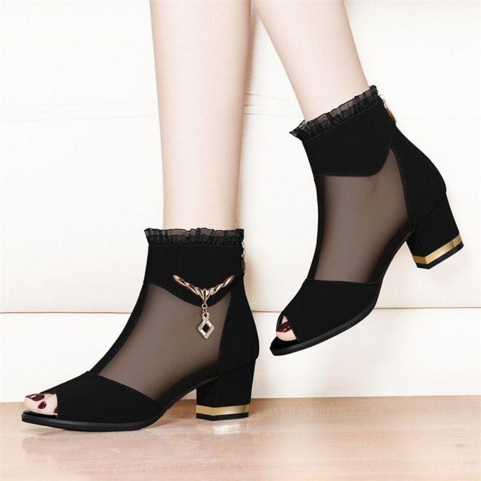 Женские босоножки на высоком каблуке Fish Mouth Летние новые женские босоножки на среднем каблуке Женские босоножки на толстом каблуке с вырезом