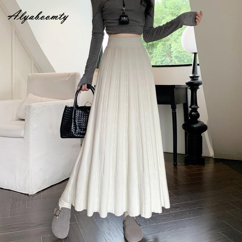 Elegant Fashion Autumn Winter Women Midi Skirt Elastic Waist Beige Grey Black Knitted Skirt Knitting Pleated Warm Skirts Womens