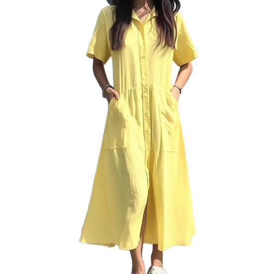 Женское платье с лацканами, короткий рукав, однобортное, повседневное платье с карманами, однотонное