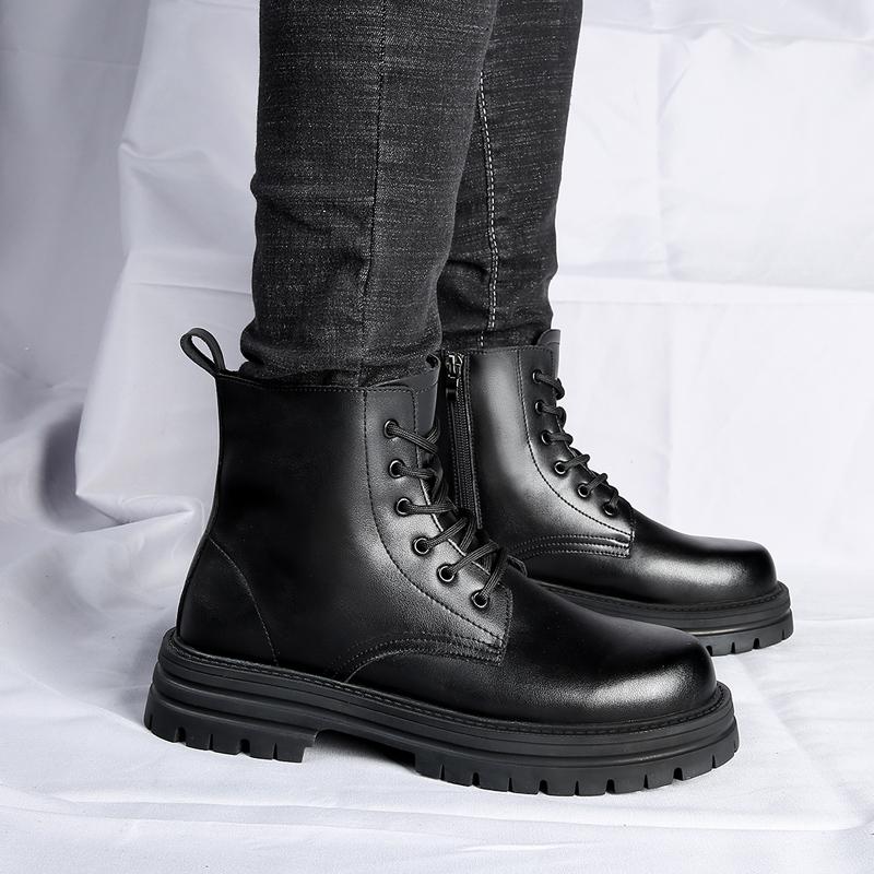 Модные повседневные мужские ботинки из искусственной кожи на шнуровке с толстой подошвой и круглым носком, модные британские повседневные ботинки с защитой от скольжения, мотоциклетные ботинки