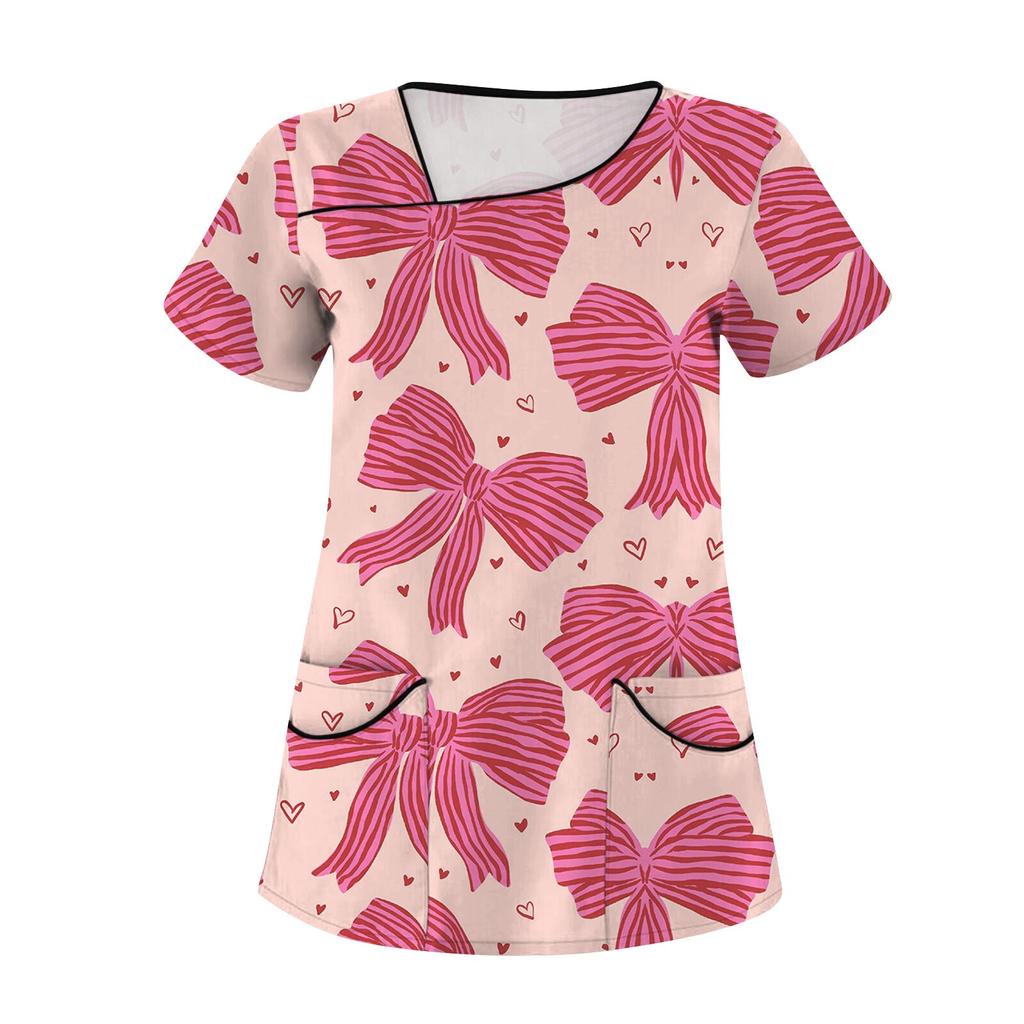 Женская мода с бантом и принтом, короткий рукав, рабочая одежда с двойными карманами