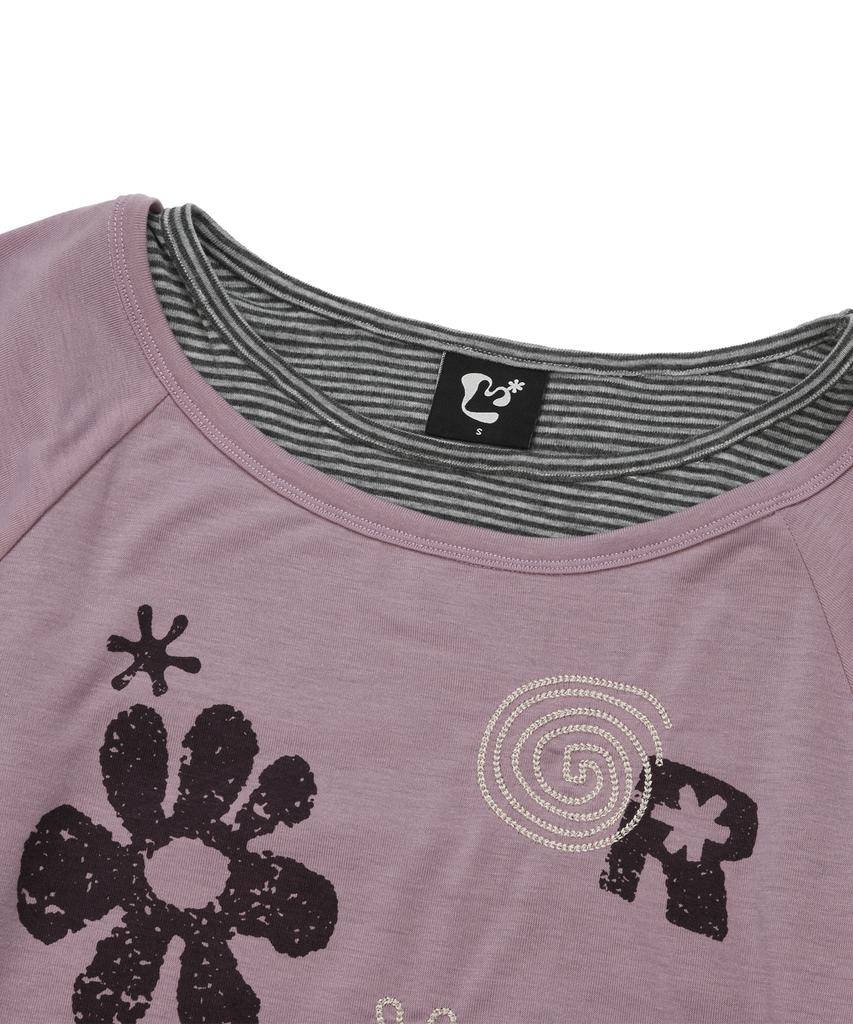 LMR Motif Embroidered Striped Layered T-Shirt Purple Pink
