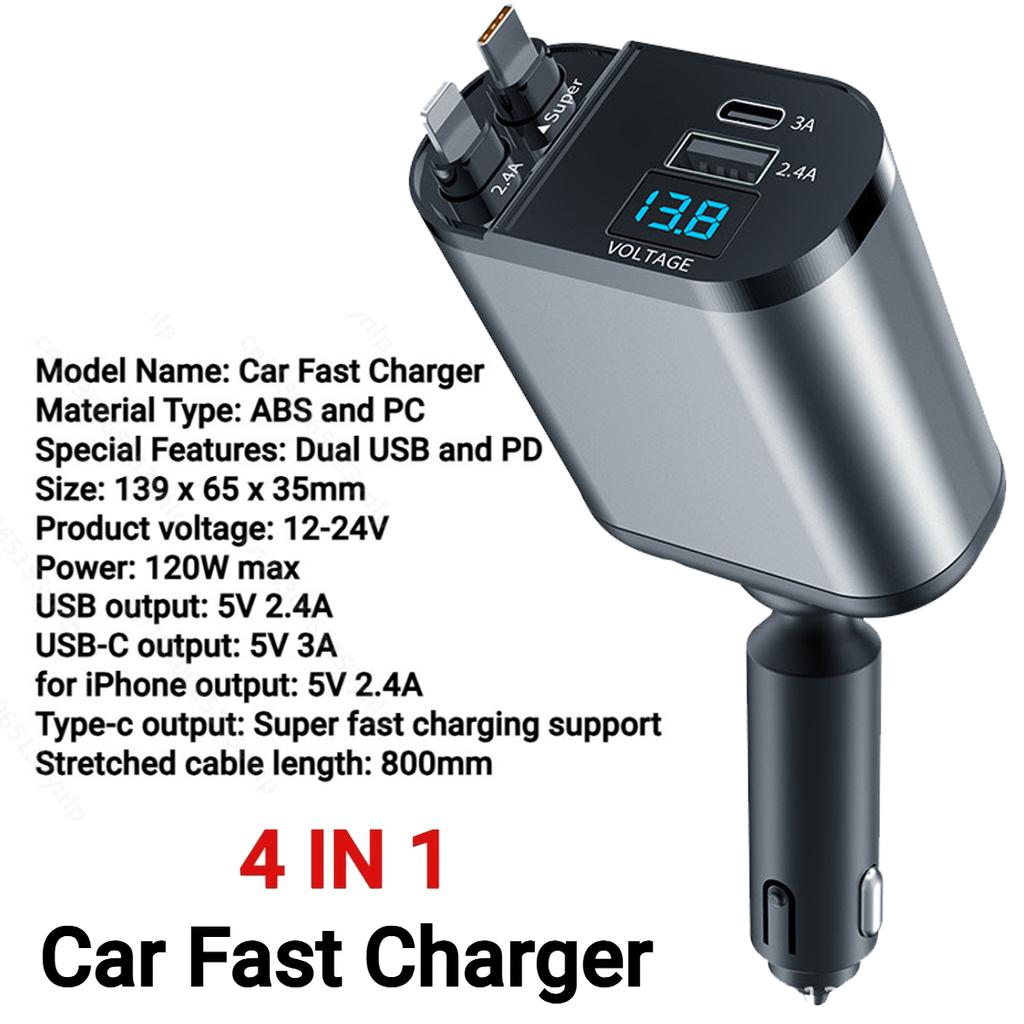 120 Вт 4 в 1 выдвижное автомобильное зарядное устройство USB C кабель для iPhone Huawei Samsung шнур для быстрой зарядки адаптер прикуривателя PD QC3.0