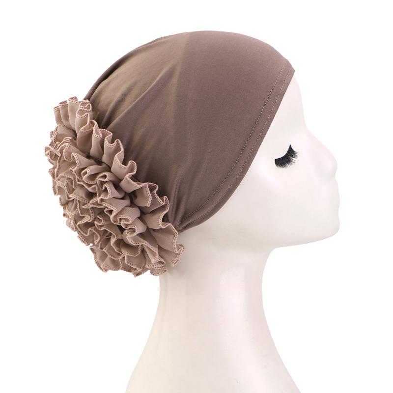 Women's Breathable Elastic Chiffon Hat with Large Flowers Solid Color Thin Bottom Cap Islamic Head Wrap African Bandana Head
