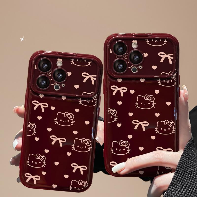 Шнурок Hello Kitty с бантом Подходит для Apple 13PRO Большое окно Чехол для мобильного телефона 14 Силиконовый Защита от падения 12 Милый 7/8