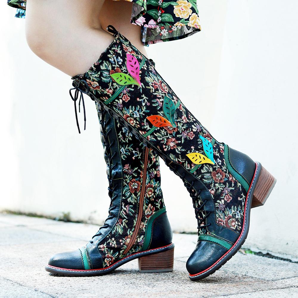 Johnature Высокие сапоги из натуральной кожи. Женская обувь. Сапоги до середины икры ручной работы с принтом в стиле ретро на шнуровке.